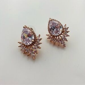 Large Elegant Bridal Teardrop Crystal Earrings Pierced Rose Color